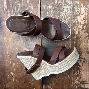 Yves Saint Laurent Brown Leather platform Wedge espadrille Sandals *39.5/9